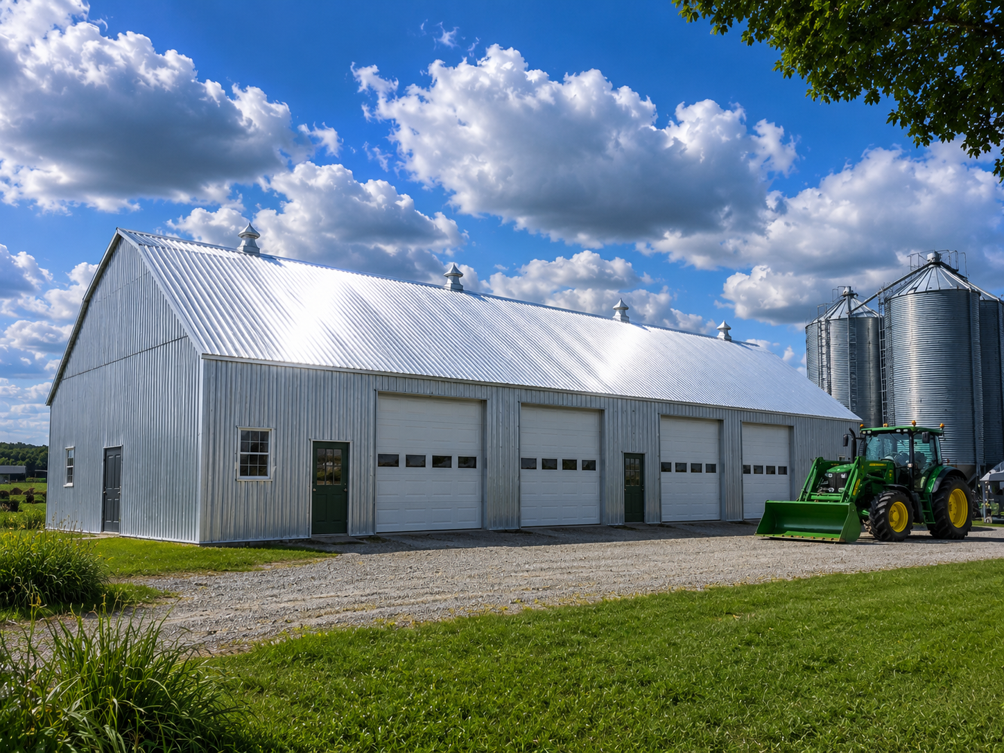 Hangar agricole avec toiture en tôle peinte et tracteur John Deere — Toiture Éclatante Québec